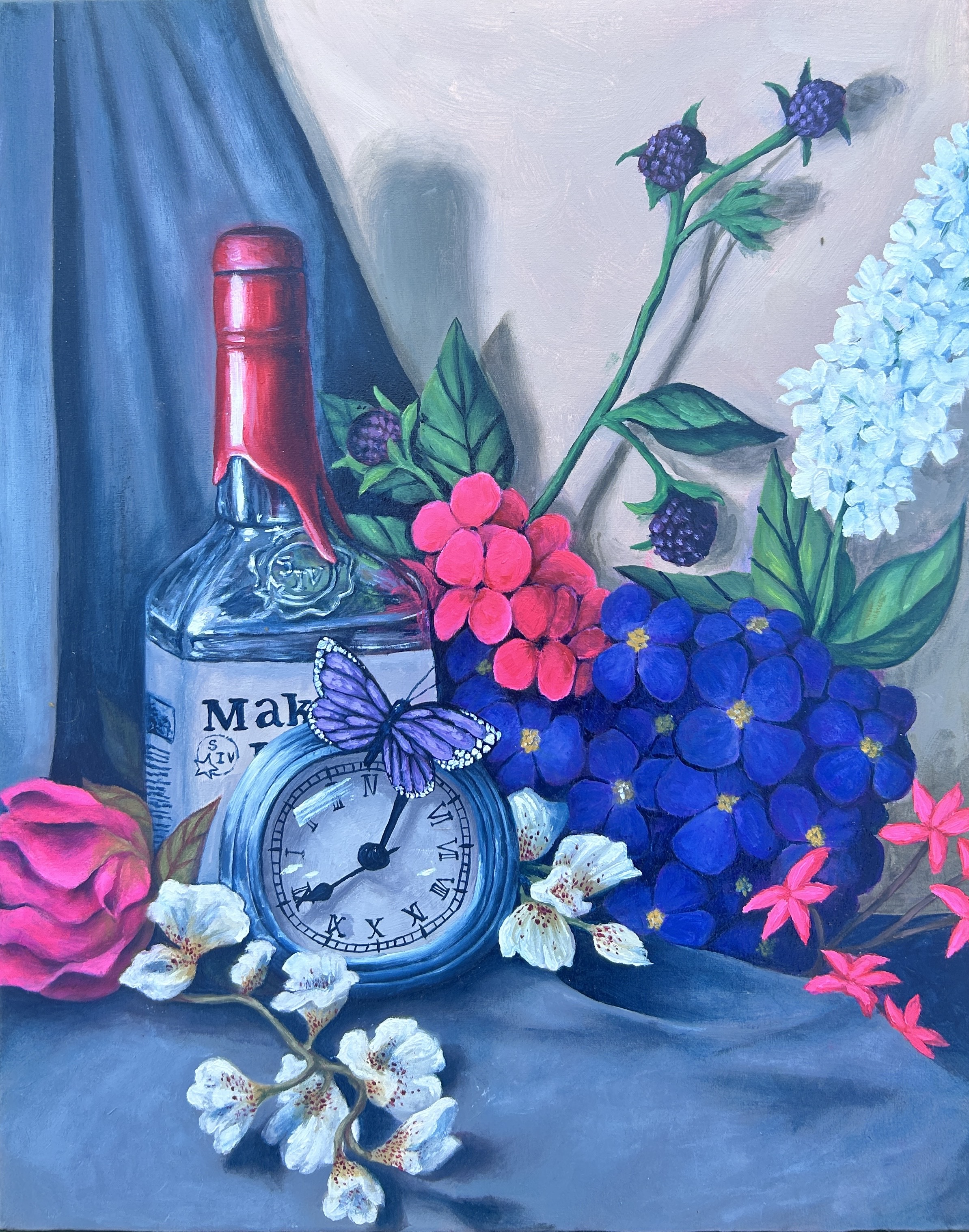 assorted flowers with whiskey glass and compass painting