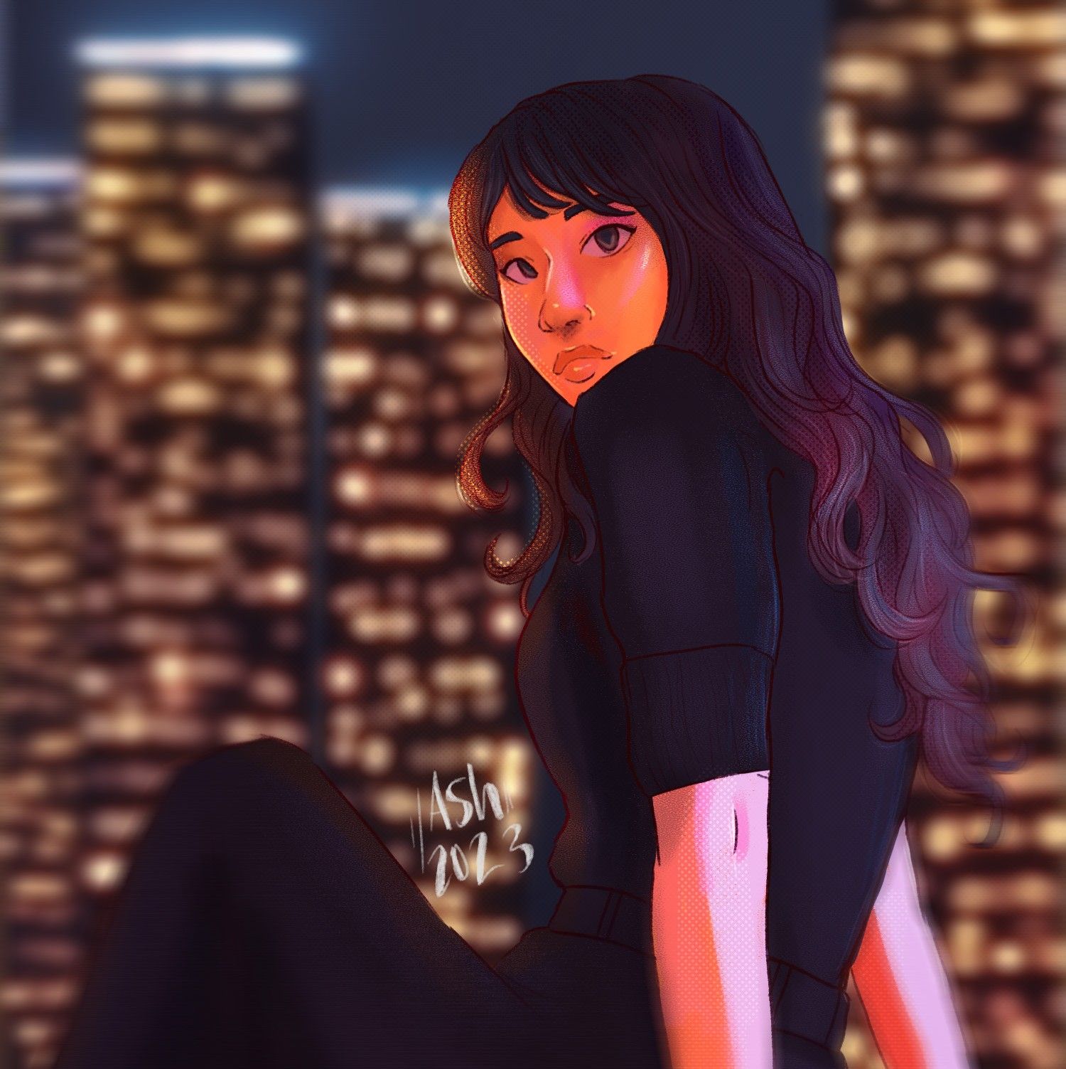 Girl sitting on rooftop at night
