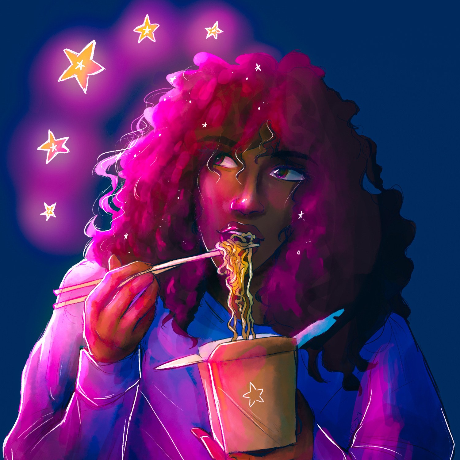 Girl eating Chinese takeout with glowing stars