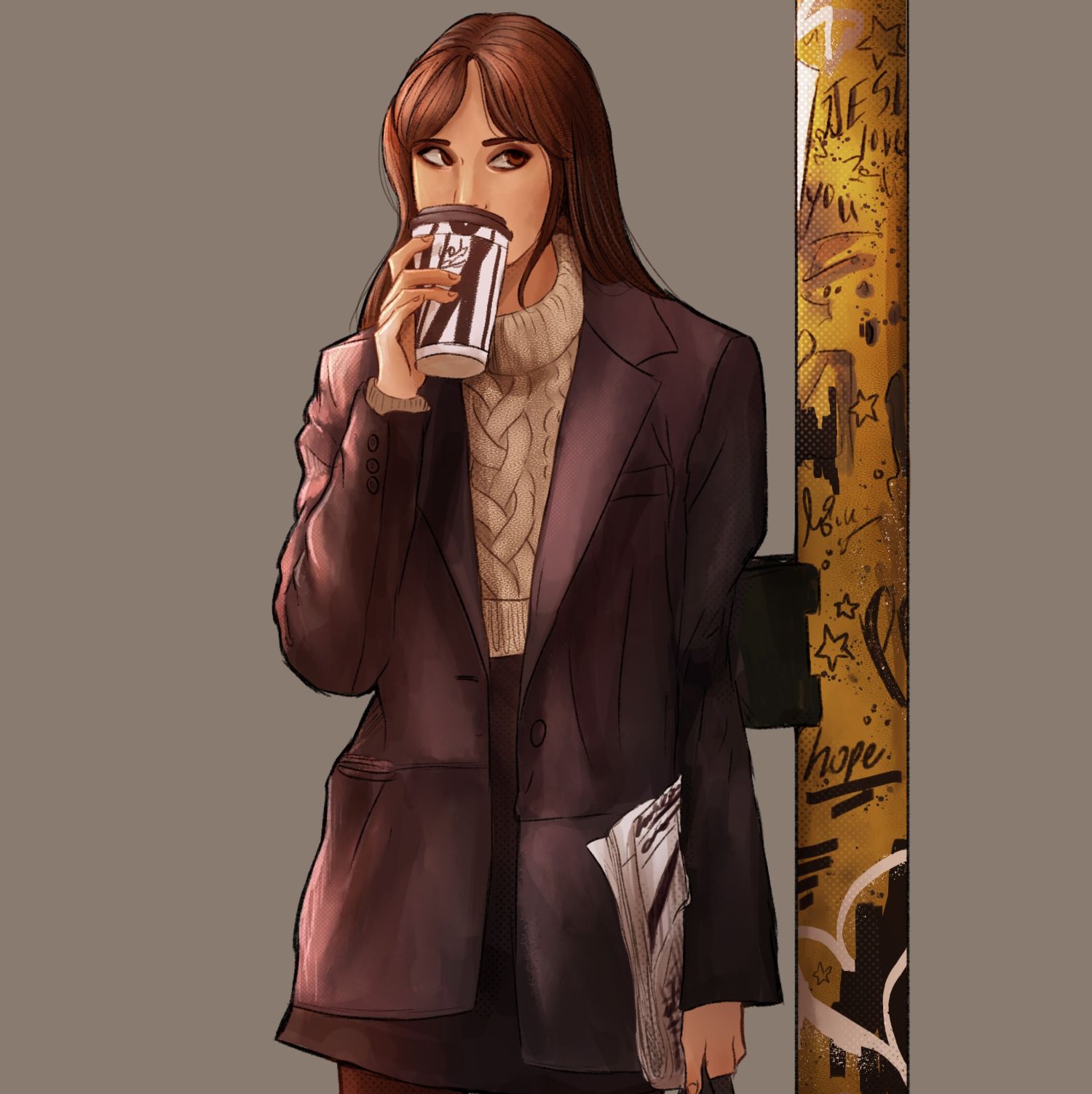 Girl in business clothing drinking coffee while leaning against pole