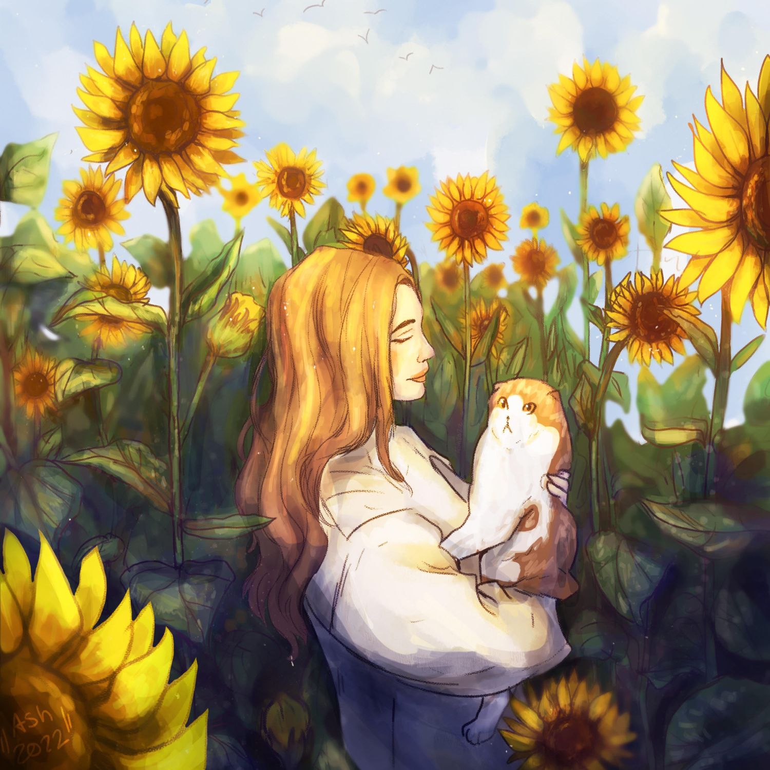 Girl holding cat in field of sunflowers