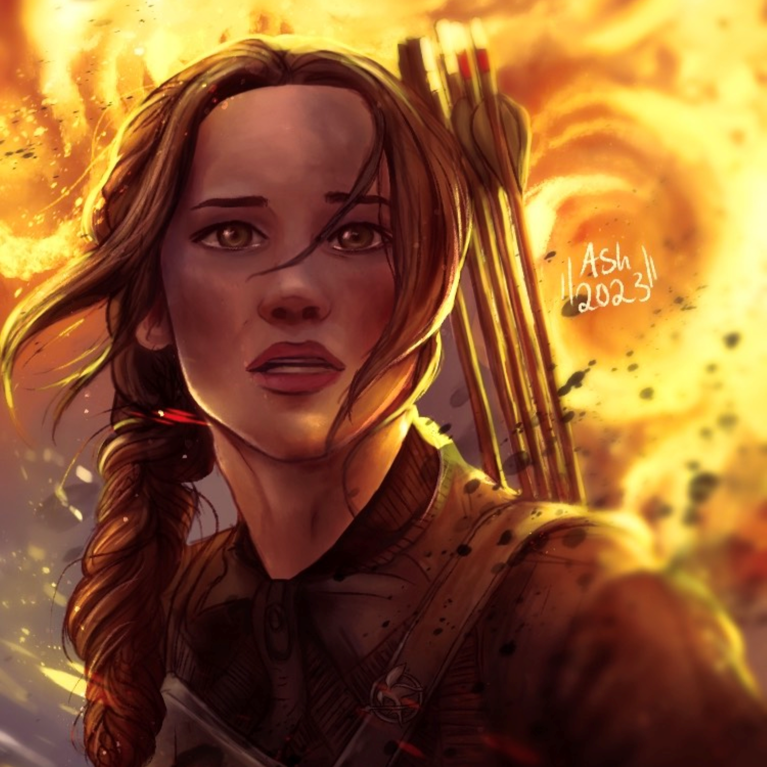 girl wearing black outfit standing around fire flames